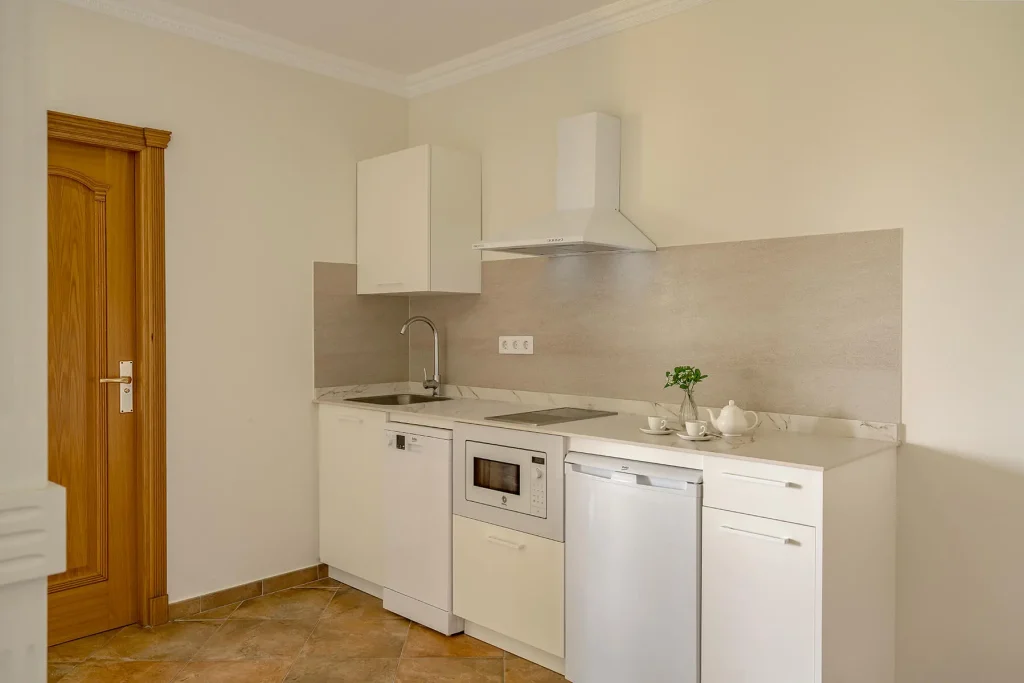 Cocina equipada en estudio moderno con baño