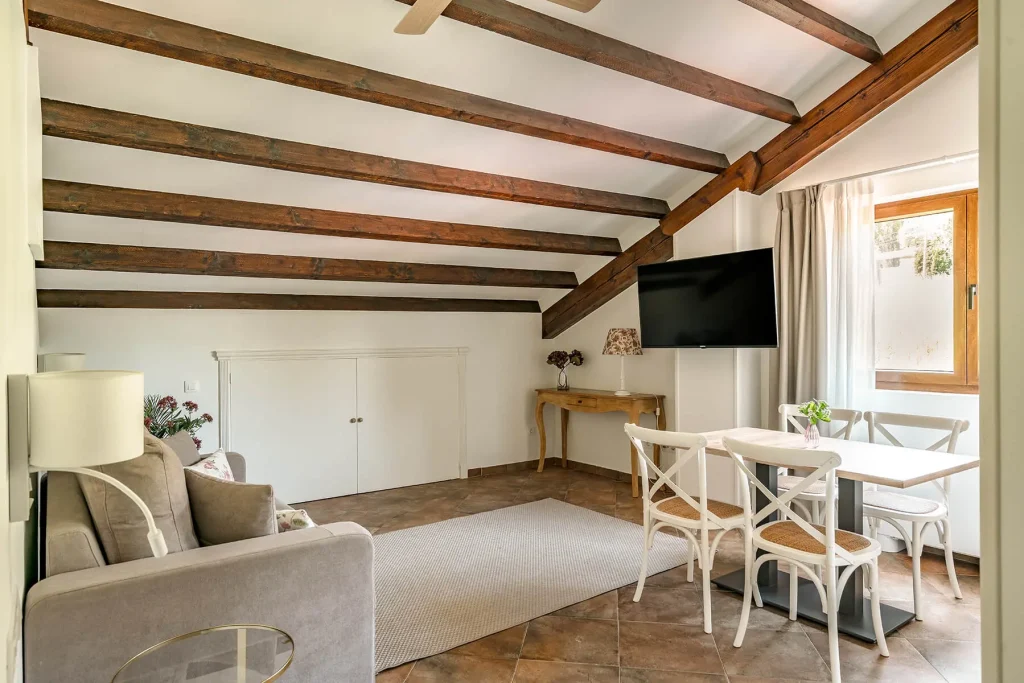 Salón-comedor con sofá cama y televisión en apartamento