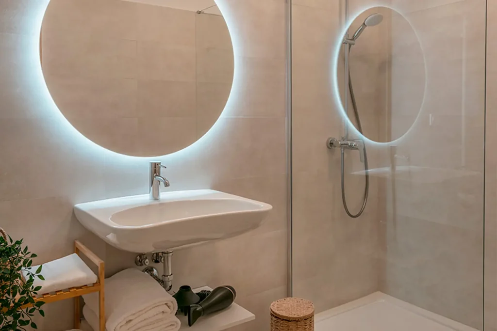 Detalle del baño moderno con ducha y accesorios incluidos